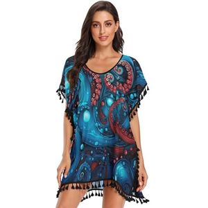 Octopus Abstract Blauw Rood Art Strand Cover Up Chiffon Kwastje Badmode Badpak Coverups voor Meisje, Patroon, M