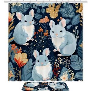 Douchegordijn - Cartoon Chinchilla's dikke stof douchegordijnen voor badkamer, polyester doek badgordijnset met matten en plastic haken, 70,8 B x 70,8 H