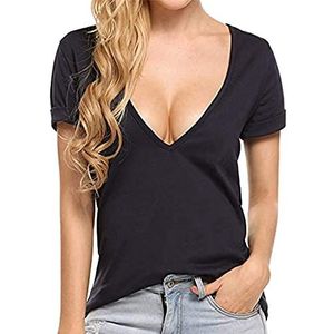 PRJN Dames T-shirt met korte mouwen V-hals Basic Zomer Tee Tops Dames Effen Casual Losse Shirts Vrouwen Tops T-shirt Sexy Top Blouse V-hals Effen Korte Mouw Top Blouse Uitgerust Shirt Zomer Tops, A-zwart, XXL