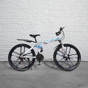 UESUENYENS Mountainbike, 26 inch, 21 versnellingen, vouwfiets met dubbel schokdempingsframe, schijfremmen, volledig geveerde fietsen, perfect voor mannen en vrouwen (blauw-wit)