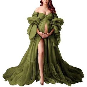 KIYNE Zwangerschapsjurk met lange mouwen voor fotoshoot, tule bruidsjurk, zwangerschapsjurk voor babyborrel, Olijfgroen, 32