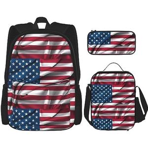 Amerikaanse vlag grote capaciteit rugzak lunchtas pen zakje 3-delige set voor kantoor reizen camping unisex, Zwart, Eén maat