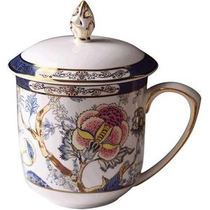 cups Vintage bedrukte mok met deksel China Goudgeschilderde koffiekop Herbruikbare Europese Retro for melk Koffiesap Thee-Blauw (Kleur: Blauw) koffie