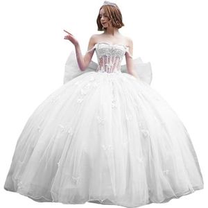 Fuomomo Quinceanera-jurk met dunne bandjes en vlinderglitter, Quinceanera-jurk met vlinders en grote strik, baljurk van kant met parels MT053, Wit, 42