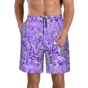 PHTZEZFC Paarse lavendelprint strandshorts voor heren - zomervakantie strandshorts casual lichtgewicht trekkoord, Wit, S