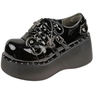 Vrouwen Pompen Mary Jane Derby Metalen Decoratie Platform Platte Hak Vrouwelijke Schoenen Dames Wedge Lolita Gothic Harajuku Punk Schoeisel, Zwart licht, 40 EU