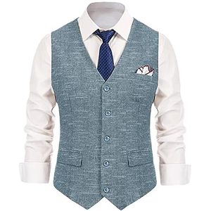 Heren Pak Vest V-hals Gestreepte Linnen Soild Silm Formele Bruiloft Casual Vest voor Heren Denim Blauw XL