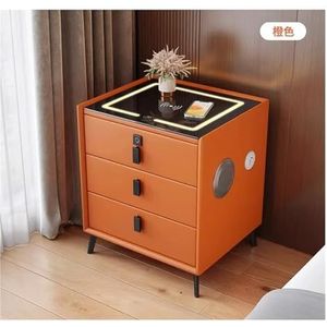 Luxe massief houten slim nachtkastje met drie laden, compacte slaapkamer, lederen accenten, geïntegreerd draadloos opladen(Color:Orange,Size:45x40x60cm)