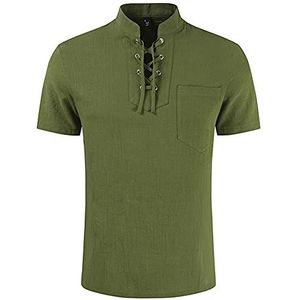 Heren Casual Katoen Linnen Viking Piraat T-shirt Vetershirt, Middeleeuws V-hals Los Ademend Plus Maat Korte Mouw, Mode Trekkoord Kraag Tee Streetwear