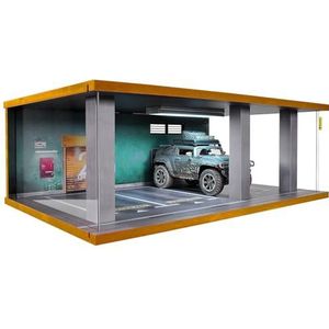 Displaystandaard voor gelegeerd automodel 1:24 garage model parkeerplaats model simulatie dubbele parkeergarage automodel met verlichting garageornamenten (Color : Garage yellow door 725309)