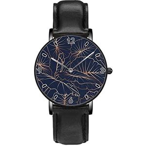 Marineblauw Tropische Bladeren Goud Klassieke Patroon Horloges Persoonlijkheid Business Casual Horloges Mannen Vrouwen Quartz Analoge Horloges, Zwart