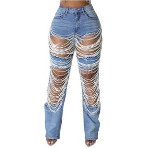 Uitgesneden jeans voor vrouwen, strass parel rechte pijp half getailleerde streetwear denim broek,Light blue,3XL