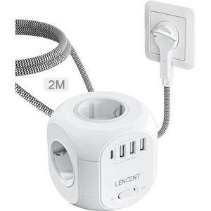 LENCENT - Platte Stekkerdoos - 8-in-1 - 2 Meter Geweven Kabel - 2500W