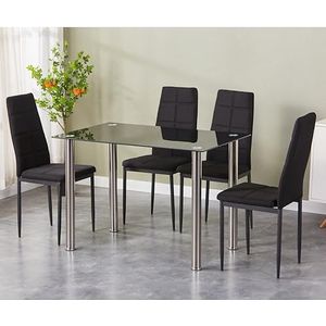 HOOZ Eettafel met 4 stoelen, rechthoekige eetkamergroep, eetkamertafel met stoelen, 5-delige tafel en stoelen, set voor eetkamer, keuken en woonkamer, zwarte eettafel en zwarte stoelen