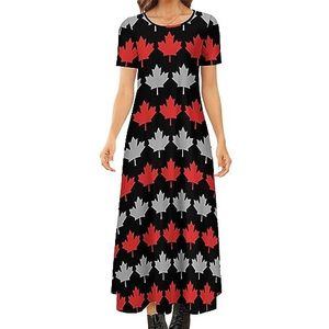 Grijs en rood Canada esdoorn vrouwen zomer casual korte mouw maxi-jurk ronde hals bedrukte lange jurken L