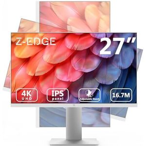 Z-Edge PC-monitor Witte 27'' IPS 4K UHD (3840x2160), FreeSync, 16:9 Desktopmonitor White, 75Hz, 5ms, 2*HDMI2.0 & 2*DP1.4, Verstelbare Standaard/Verticaal/Horizontaal/Roterend(DP-kabel Meegeleverd)