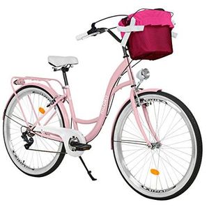 Milord. 26 inch 7 versnellingen roze comfort fiets met mand en rugdrager, Nederlandse fiets, damesfiets, citybike, stadsfiets, retro, vintage