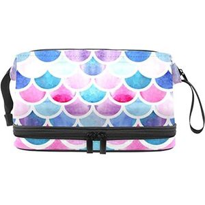 Dubbele Laag Cosmetische Tas Zeemeermin Schaal Draagbare Make-up Tas Reizen Organizer Pouch voor Vrouwen Meisjes Toiletartikelen Tassen, Meerkleurig, 27x15x14 cm/10.6x5.9x5.5 in, Make-up zakje