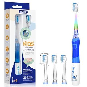 Seago Elektrische tandenborstel voor kinderen vanaf 3-12 jaar, kindertandenborstels met gekleurd licht, smart timer, 4 zachte borstelkoppen, waterdicht, ultrasone babytandenborstel voor meisjes en