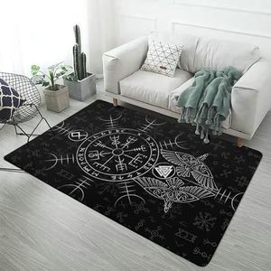 Viking Area Rug voor Indoor Outdoor Home Decor, Zacht Gezellig Flanel Gooi Mat Antislip Wasbaar, Noorse Mythologie Esthetisch Tapijt(Color:Vegvisir Rune,Size:60 x 90CM)