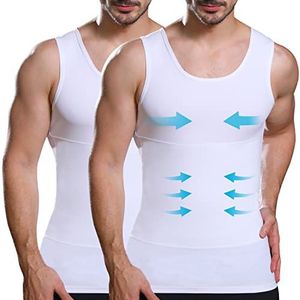 Lgtfy Bodyshaper-vest voor Heren, Mouwloos Compressieshirt, Buikvrij Onderhemd, Omkleden in Enkele Seconden, Set van 2, Wit, L