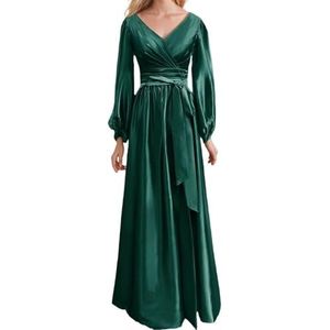 Prinses Bruidsmeisje Jurken Lange Mouw Galajurken V-hals Satijn Formele Avondfeest Maxi Jurk ZM200, Turkoois, 32