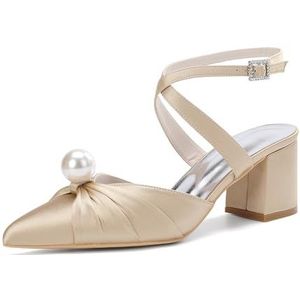KYEGLO Puntige Hakken Met Blokhak En Parel Voor Dames & Sandalen Met Dichte Neus, Dikke Hak En Gekruiste Enkelbandjes - Ideaal Voor Bruiloften En Werk,Champagne,36 EU