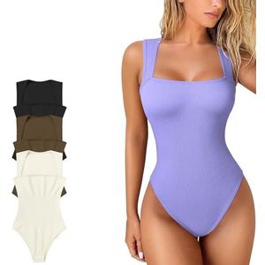 Mouwloos Buikcontrole-bodysuit, Sexy Geribbelde Vierkante Hals Naadloze Compressie Billenliftende Shapewear For Dames Sexy Vierkante Hals Mouwloze Tanktops Body's(Purple,S)
