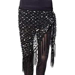 Buikdans heupsjaal, buikdanseres rok groen/goud/zilver buikdans accessoires glanzende gehaakte riem pailletten heup sjaal kwastje wraps voor buikdans zakdoek (kleur: zwart zilver, maat: One s