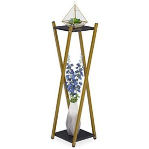 Relaxdays plantentafel binnen, 2 etages met marmerlook, hoog, moderne plantenstandaard, HBD 99 x 29 x 29 cm, goud/zwart