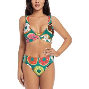 Zelinge Dames bikinisets sportief 2-delig badpak hoog getailleerd badpak S-XXL, Kleurrijke Donuts Groen, S