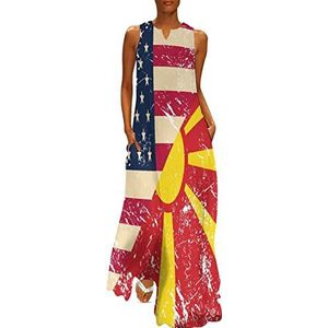 Amerikaanse en Macedonië retro vlag dames enkellengte jurk slim fit mouwloze maxi-jurken casual zonnejurk 5XL