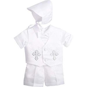 Lito Angels Baby Jongens Doopsel Doop Wit Satijn Pak Kleding Doopkleding Doopkostuum Set met Kap Maat 86 (Leeftijd 12-18 maanden) Korte Mouw