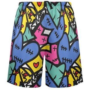 LI ZHI XIN Herenpyjamabroek, korte pyjamabroek, zomer casual shorts, elastische taille met trekkoord, rechte losse pasvorm met 2 zakken, S-XXL harten graffiti, Meerkleurig, S