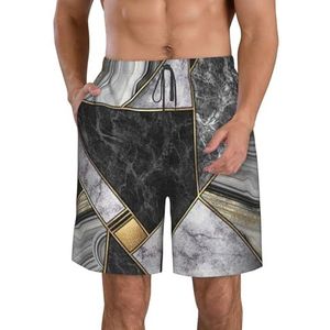 PHTZEZFC Zwarte marmeren textuur gouden print strandshorts voor heren - zomervakantie strandshorts casual lichtgewicht trekkoord, Wit, XL