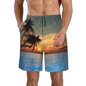 Zonsondergang Palmboom Oceaan Print Heren Zwemmen Shorts Trunks Mannen Sneldrogend Ademend Strand Surfen Zwembroek met Zakken, Wit, XXL