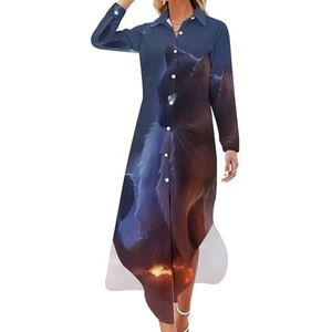 Galaxy Cats Maxi-jurk voor dames, lange mouwen, knoopjurk, casual feestjurk, lange jurk, XL