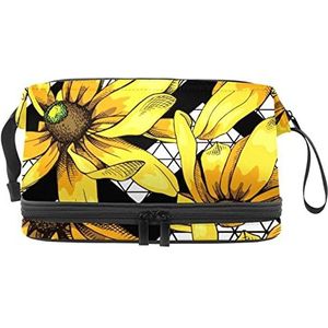Dubbellaags Cosmetische Tas Geel Heliopsis Draagbare Make-up Tas Reizen Organizer Pouch Voor Vrouwen Meisjes Toiletries Tassen, Meerkleurig, 27x15x14 cm/10.6x5.9x5.5 in, Make-up zakje
