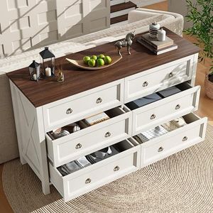 Doyisy Commode, wit dressoir, eetkamerkast in vintage-stijl, met aluminium ladegrepen, walnootkleurig werkblad, voor slaapkamer, woonkamer, 6 ruime laden (beige-1)