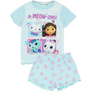 Gabby's Dollhouse Meisjes Blauwe Pyjama Set | Blauw T-shirt en korte broek voor kinderen met pyjama's | Gabby Cakey kat Mercat Pandy poten | Officiële Merchandise | Gezellige cadeau-merchandise