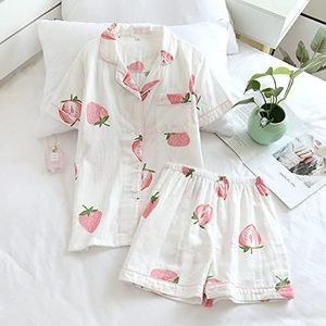 Dames Zomer Pyjama Set,Dames Pyjama Set, Witte Aardbei Patroon Pyjama, V-Hals Korte Mouw Top En Shorts Bijpassende, Comfortabele Tweedelig Pyjama, Cadeau Voor Meisjes, L