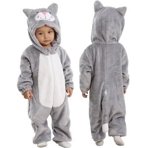 Doladola baby rompertje Flanel Dier Hooded Jumpsuits Baby Outfit baby outfit for Halloween(grijze kat, 0-3 maanden)