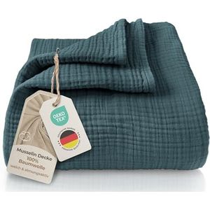 LAYNENBURG Premium mousseline sprei 220 x 240 cm XXL cm - 100% katoen - extra zachte katoenen deken als knusse deken, bed throw, sofa throw, bank throw - warme bank deken (blauwe mirga)