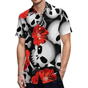 Schedels met rode bloemen Hawaïaanse shirts voor heren, casual overhemd met korte mouwen, knoopsluiting, vakantie, strandshirts, L