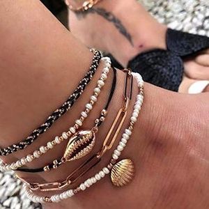 Anglacesmade Bohemen Shell Charm Hanger Enklet Set 5 Stks Zwart Lederen Ketting Gevlochten String Parel Kralen Enkel Armband Boho Strand Sieraden voor Vrouwen en Meisjes