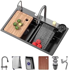 GMTstore Roestvrijstalen waterval gootsteen enkele kom bar gootsteen gootsteen set nano-gecoate werkstation gootsteen met uittrekbare kraan onder druk Cup wasmachine (maat: 80 x 45 x 22 cm)