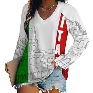 Romeins Colosseum Italiaanse vlag dames casual T-shirts met lange mouwen V-hals bedrukte grafische blouses Tee Tops 4XL