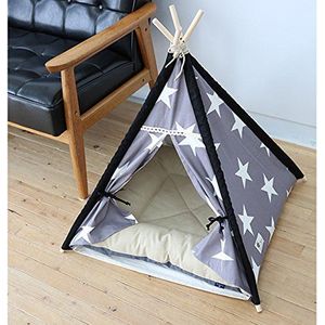 Lily&her friends -Pet Tipi, Katoenen Canvas Tent voor Hond (Puppy) & Cat, Wasbare Honden & Katten Speelgoed Wigwam, Draagbaar en Wasbaar, Stevig en gemakkelijk in elkaar te zetten, met dik kussen (grijs, grote sterren, klein)