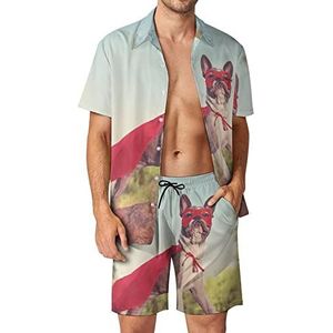 Super Hero Franse Bulldog Hawaiiaanse Sets voor Mannen Button Down Korte Mouw Trainingspak Strand Outfits M