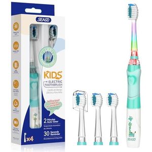SEAGO SG-977 Elektrische Tandenborstel voor Kinderen vanaf 3 tot 12 Jaar met Gekleurd Licht Intelligente Timer 4 Zachte Borstelkoppen Kindertandenborstels Elektrisch voor Meisjes en Jongens (Groen)